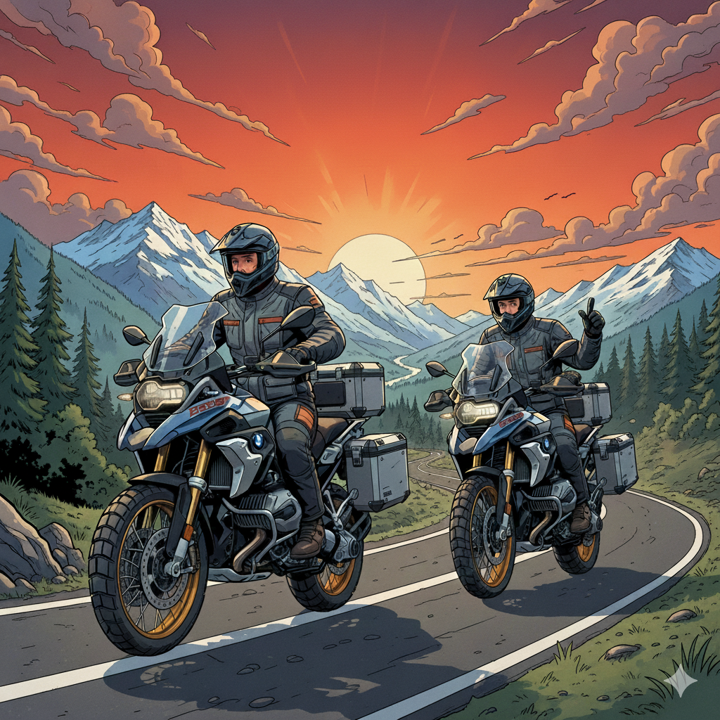Zwei BMW R1250 GS Motorräder im Comic-Stil auf einer Bergstraße